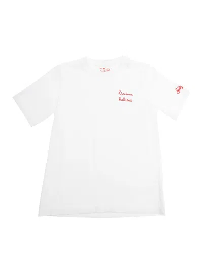 Mc2 Saint Barth Kids' Portofino Jr White Crewneck T-shirt With Print On The Front And Logo Lettering On The Sleeve In Cott