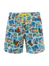 Mc2 Saint Barth Man Mid-length Gustavia Swim-shorts With Postcard Mix Print Alessandro Enriquez Special Edition In Multi