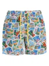 Mc2 Saint Barth Man Mid-length Gustavia Swim-shorts With Postcard Mix Print Alessandro Enriquez Special Edition In Multi