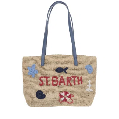 Mc2 Saint Barth Raffia Blend Bag With Beach Motif In Neutral