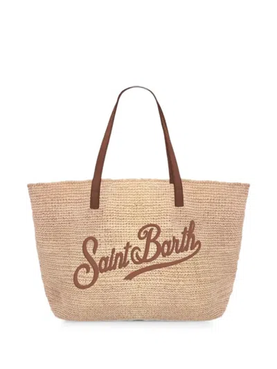 Mc2 Saint Barth Raffia City Embroidered Tote Bag In Neutral
