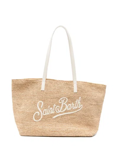 Mc2 Saint Barth Raffia City Logo-patch Shoulder Bag In Neutral