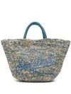 Mc2 Saint Barth Raffia Blue And White Bag With Front Embroidery In Neutrals