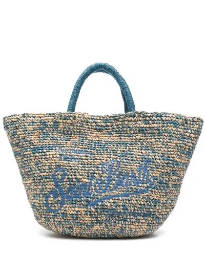 Mc2 Saint Barth Raffia Blue And White Bag With Front Embroidery