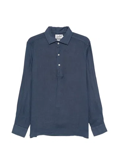Mc2 Saint Barth Raphael Long-sleeve Linen Polo Shirt In Blue