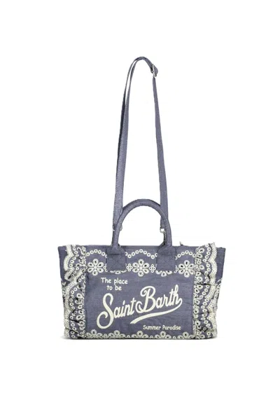 Mc2 Saint Barth Rectangular Blue Tote Bag With Lace-embroidered Edges