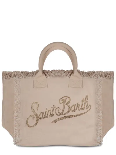 Mc2 Saint Barth Rectangular Cotton Tote Bag With Fringed Edges In Nude