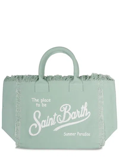 Mc2 Saint Barth Rectangular Cotton Tote Bag With Fringed Edges In Green