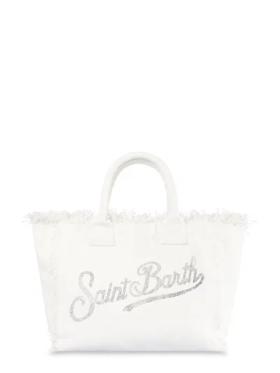 Mc2 Saint Barth Rectangular Cotton Vanity Shoulder Bag With Rhinestone Logo In White