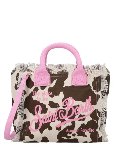 Mc2 Saint Barth Rectangular Cow Print Canvas Tote Bag With Frayed Edges In Pink