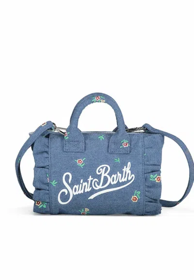 Mc2 Saint Barth Rectangular Handbag With Floral Embroidery In Blue
