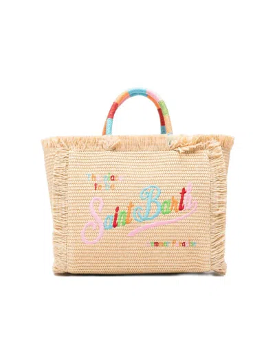 Mc2 Saint Barth Rectangular Multicolor Straw Tote Bag With Embroidered Logo In Neutral