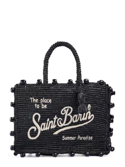 Mc2 Saint Barth Rectangular Raffia Handbag With Beaded Edges In Black