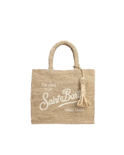 Mc2 Saint Barth Rectangular Raffia Tote Bag With Embroidered Logo In Neutral