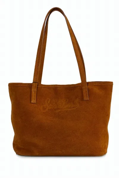 Mc2 Saint Barth Rectangular Suede Tote Bag With Embossed Logo In Brown