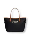 Mc2 Saint Barth Rectangular Tote Bag With Contrasting Brown Handles And White Script Logo In Black