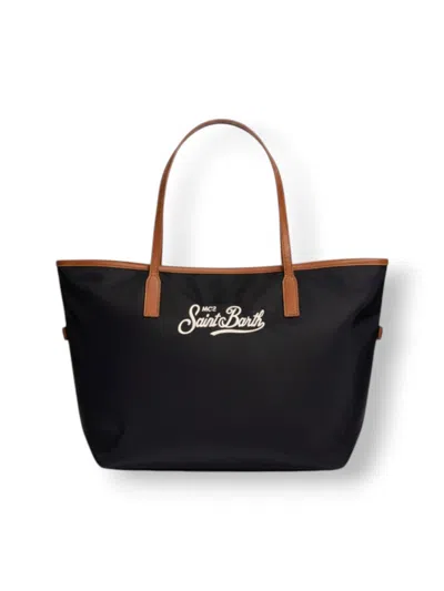 Mc2 Saint Barth Rectangular Tote Bag With Contrasting Brown Handles And White Script Logo In Black
