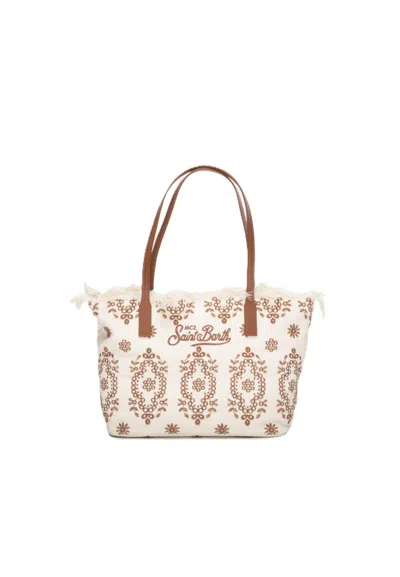 Mc2 Saint Barth Rectangular Tote Bag With Embroidery And Leather Handles In Beige