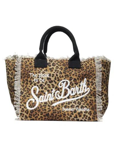 Mc2 Saint Barth Rectangular Tote Bag With Leopard Print In Brown