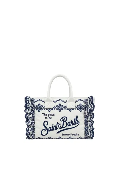 Mc2 Saint Barth Rectangular Tote Bag With Navy Blue Embroidery In White