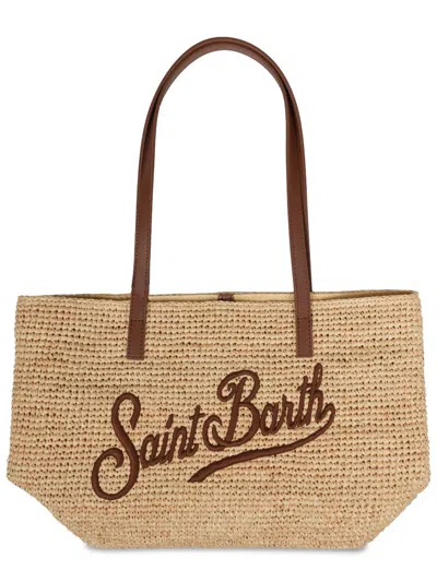 Mc2 Saint Barth Rectangular Woven Raffia Tote Bag With Contrasting Handles In Beige