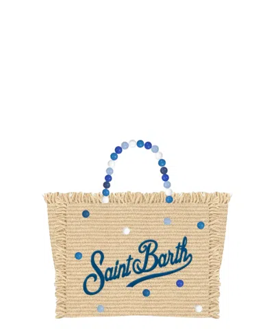 Mc2 Saint Barth Rectangular Woven Straw Tote Bag With Fringed Edges In Neutral