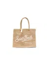 Mc2 Saint Barth Rectangular Woven Tote Bag With Cursive Logo In Beige