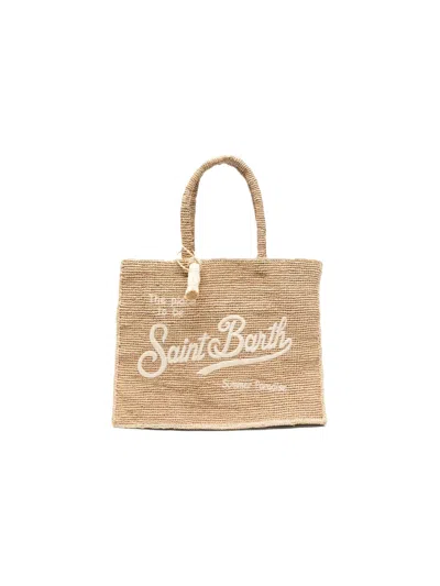 Mc2 Saint Barth Rectangular Woven Tote Bag With Cursive Logo In Beige