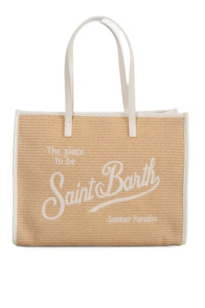 Mc2 Saint Barth Rectangular Woven Tote Bag With Embroidered Detail In Beige