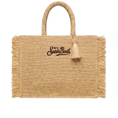 Mc2 Saint Barth Rectangular Woven Tote Bag With Fringed Edges In Brown