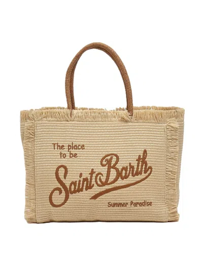 Mc2 Saint Barth Rectangular Woven Tote Bag With Fringed Edges In Neutral