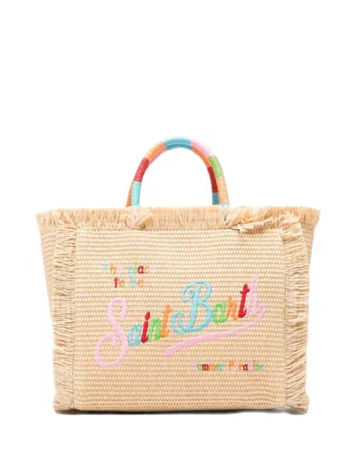Mc2 Saint Barth Rectangular Woven Tote Bag With Fringed Edges In Brown
