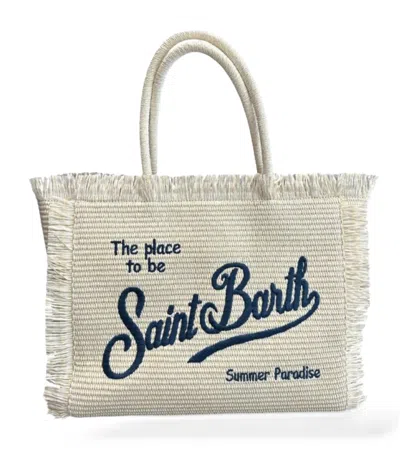 Mc2 Saint Barth Rectangular Woven Tote Bag With Fringed Edges In White