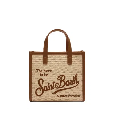 Mc2 Saint Barth Rectangular Woven Tote Bag With Leather Trim In Brown