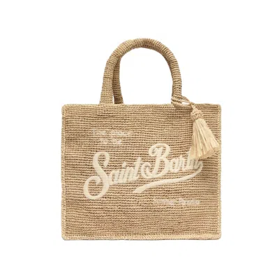 Mc2 Saint Barth Rectangular Woven Tote Bag With Script Logo In Brown