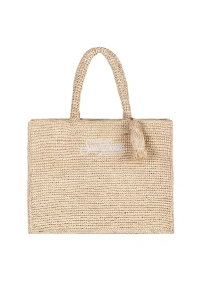 Mc2 Saint Barth Rectangular Woven Tote With Embroidered Detail In Beige