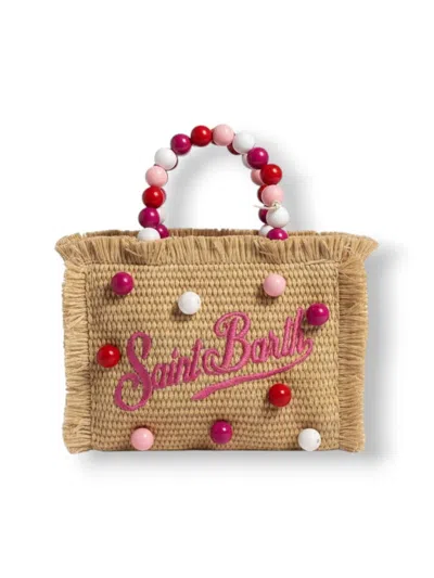 Mc2 Saint Barth Rectangular Woven Tote With Fringed Edges And Colorful Bead Accents In Beige