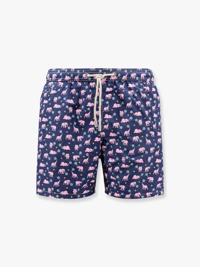 Mc2 Saint Barth Recycled Nylon Swim Trunk With Padel Elephant Print In Blue