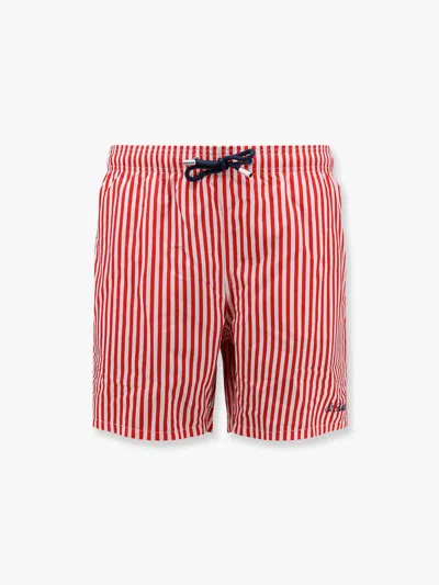 Mc2 Saint Barth Recycled Nylon Swim Trunks With Gustavia Stripes Print In Red