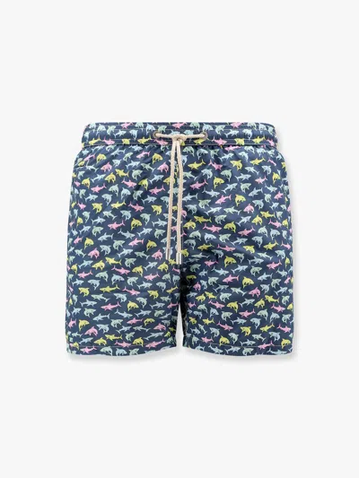 Mc2 Saint Barth Recycled Nylon Swim Trunks With Shark Trouble Multicolor Print In Blue