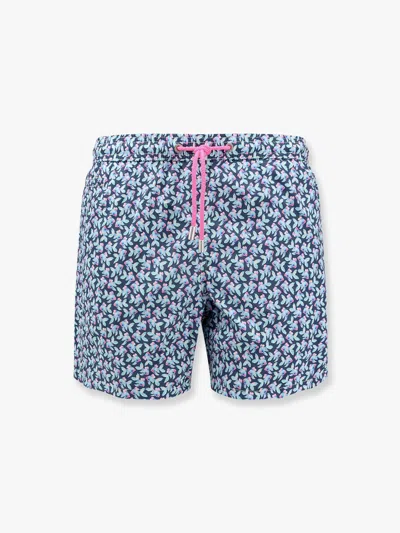 Mc2 Saint Barth Recycled Nylon Swim Trunks With Silk Fish Pint In Blue