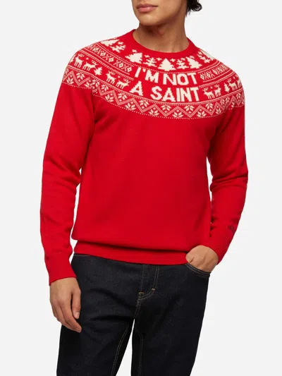 MC2 SAINT BARTH RED SWEATER HERON WITH FAIR ISLE JACQUARD AND IM NOT A SAINT JACQUARD