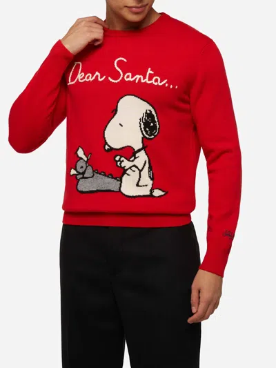 Mc2 Saint Barth Red Sweater Heron With Snoopy Jacquard And Embroidery Snoopy Peanuts® Special Edition