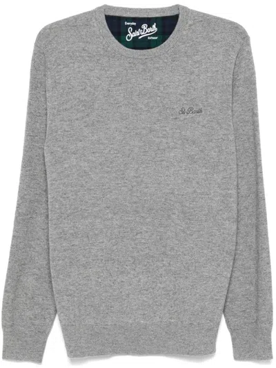 Mc2 Saint Barth Man Crewneck Grey Melange Sweater With St. Barth Embroidery