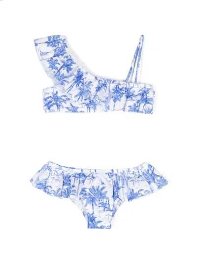 Mc2 Saint Barth Palm Printed Bikini In White/blue