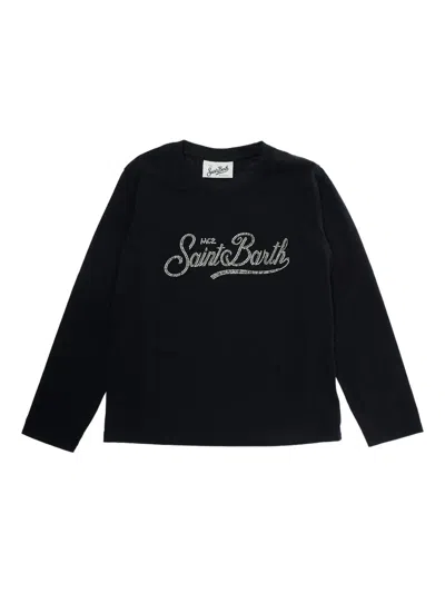 Mc2 Saint Barth Kids' Rhinestoned Logo T-shirt In Black
