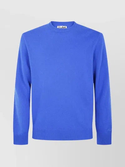 Mc2 Saint Barth Ribbed Cuff Crew Neck Lambswool Sweater In Blue