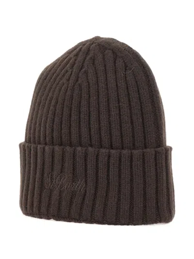 Mc2 Saint Barth Ribbed Logo-embroidered Beanie In Brown