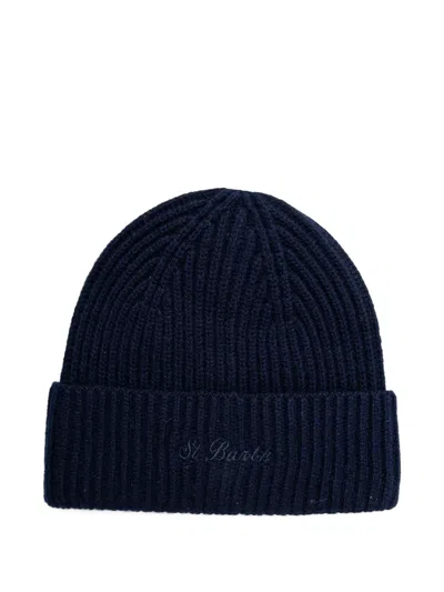 Mc2 Saint Barth Ribbed-knit Embroidered-logo Beanie Hat In Blue