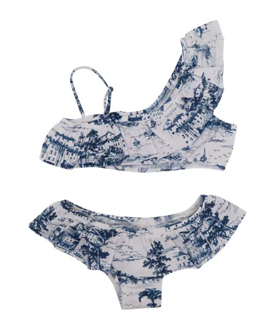 Mc2 Saint Barth Kids' Ruffled Asymmetric-shoulder Bikini In Blue